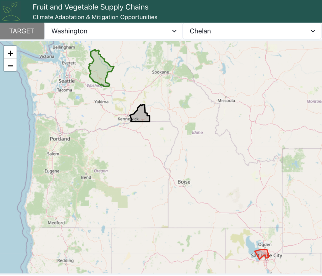 Screenshot on an online tool showing a map of the West Coast with Chelan County, Washington highlighted in green and Davis County, Utah highlighted in red